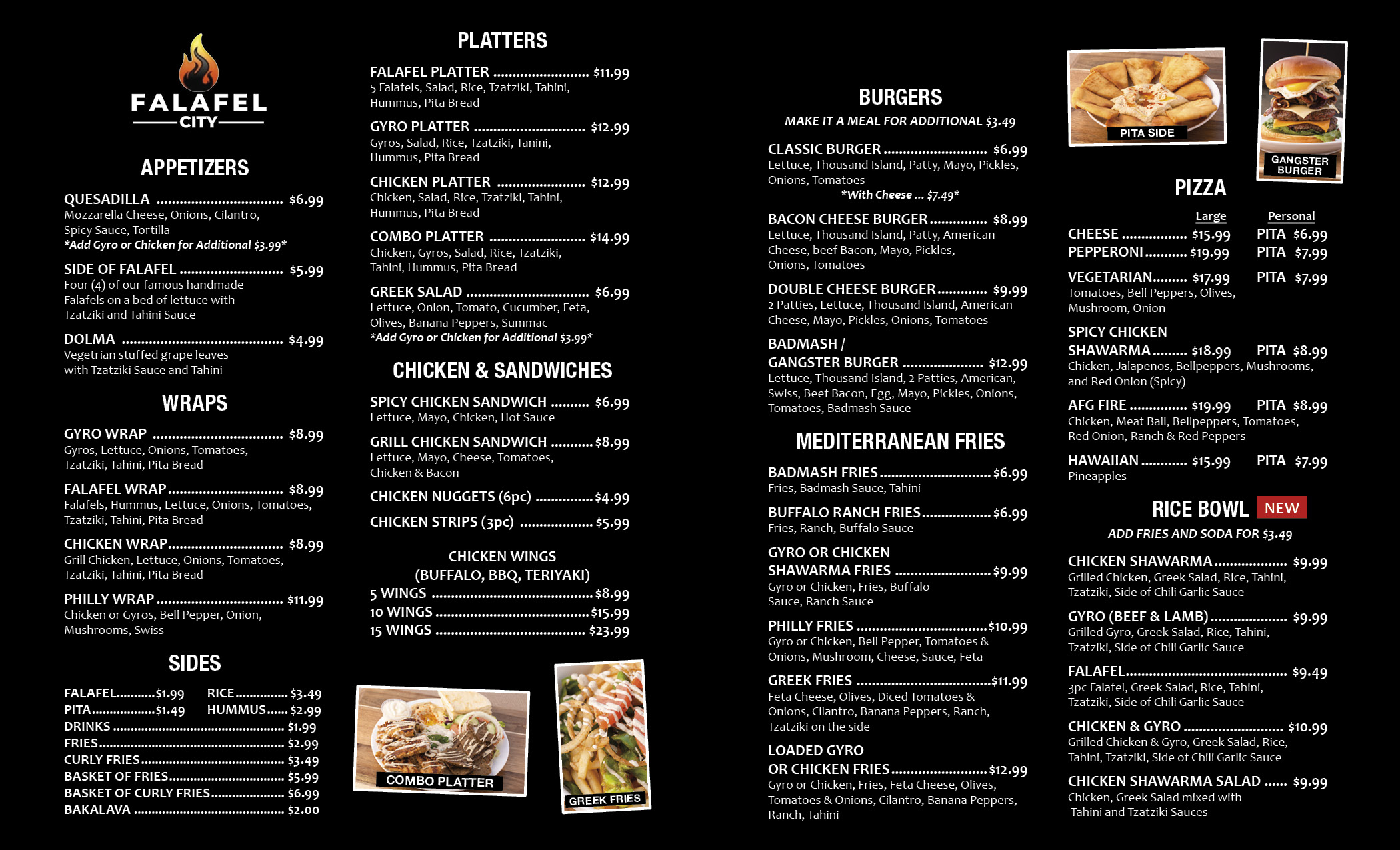 Falafel City inside menu spread